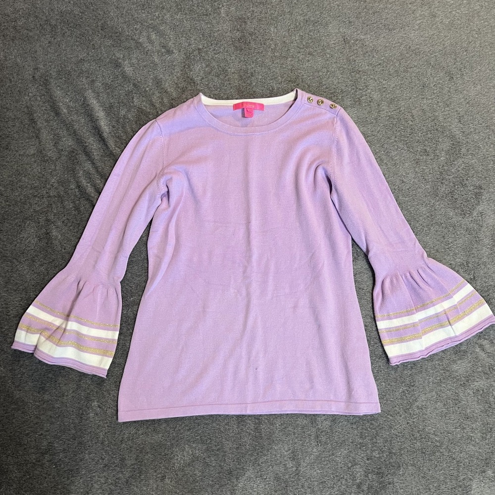 LILLY PULITZER Callee Sweater Lilac Gold Buttons Shoulder Bell Sleeve Size Small